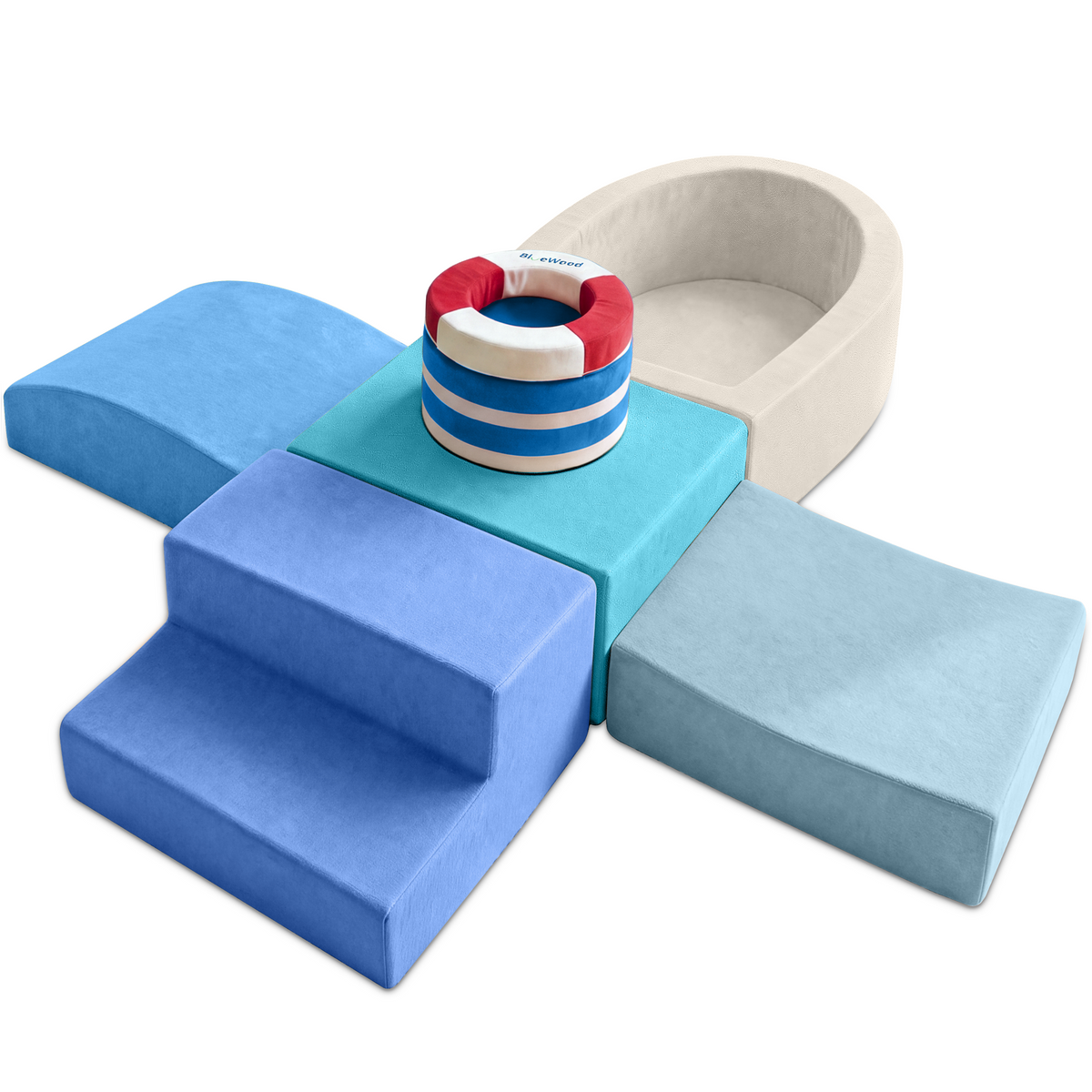 BlueWood® 7-Piece Boat Adventure Foam Climbing Blocks for Toddlers, Modular Soft Play Set for Kids Ages 1–3—Blue