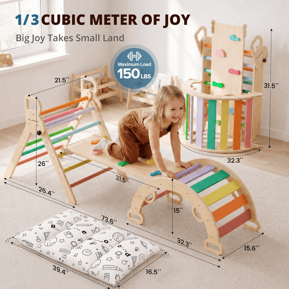 Pikler Triangle Set, 4 Piece, 6M - 6Y Children, 150 lb Load, 8 in 1, Foldable