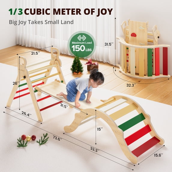 Pikler Triangle Set 8-in-1 Foldable Wooden Indoor Jungle Gym 1-Count