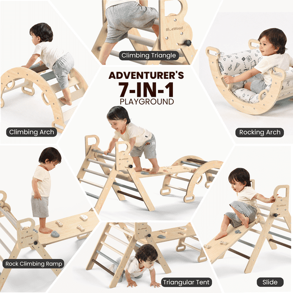 Pikler Triangle Set, Wood, 6 Months to 6 Years Children, 150 lb Load, 4 Piece, 8 in 1, Foldable