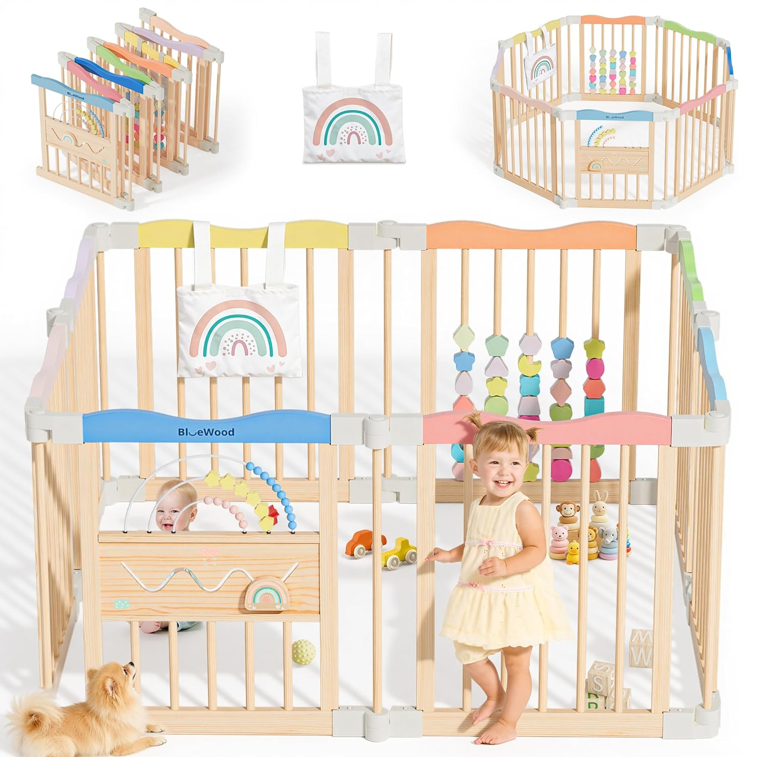 BlueWood® Wooden Baby Playpen Without Door, Foldable, Colorful Dream, 8 Pcs
